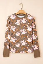 Load image into Gallery viewer, Brown Floral Print Waffle Textured Long Sleeve Top
