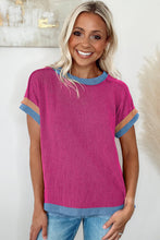 Load image into Gallery viewer, Bright Pink Textured Contrast Trim Round Neck T Shirt
