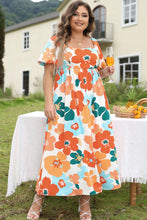 Cargar imagen en el visor de la galería, Orange Plus Size Flower Print Shirred Square Neck Maxi Dress
