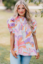 Cargar imagen en el visor de la galería, Pink Abstract Print Bubble Sleeve Smock Detail Blouse
