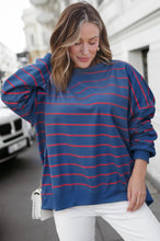Load image into Gallery viewer, Blue Stripe Stylish Overlap Detail Drop Shoulder Pullover Sweatshirt
