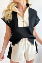Load image into Gallery viewer, Black Contrast Zipped Stand Collared T Shirt and Short Set
