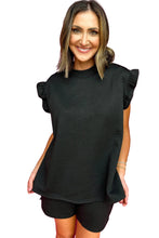 Cargar imagen en el visor de la galería, Black Textured Ruffle Split Top and Drawstring Shorts
