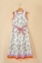 Load image into Gallery viewer, White Floral Print Color Block Trim Belted Sleeveless Maxi Dress
