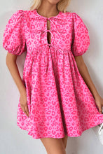 Load image into Gallery viewer, Rose Leopard Puff Sleeve Tie Front High Waist Mini Dress
