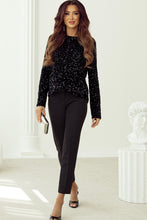 Load image into Gallery viewer, Black Sequin Long Sleeve Cutout Back Top
