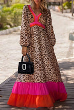 Cargar imagen en el visor de la galería, Brown Leopard Color Block V Neck Loose Fit Maxi Dress
