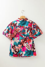 Cargar imagen en el visor de la galería, Hot Pink Floral Print Puff Sleeve Notched V Neck Blouse
