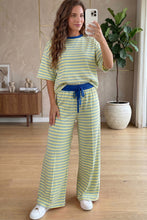 Cargar imagen en el visor de la galería, Pink Stripe Colorblock Trim Crew Neck Loose Tee Drawstring Elastic Waist 2pcs Pant Set
