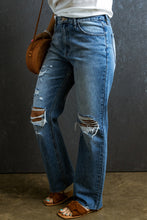 Load image into Gallery viewer, Light Blue Distressed Holes Raw Edge Straight Jeans
