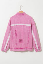 Load image into Gallery viewer, Pink Lace Patchwork Distressed Buttoned Denim Jacket
