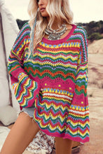 Cargar imagen en el visor de la galería, Rose Red Colorblock Striped Hollowed Knit Loose Sleeve Sweater
