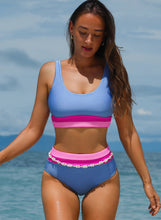 Cargar imagen en el visor de la galería, Light Blue Colorblock High Waisted Bikini Swimsuit
