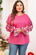 Cargar imagen en el visor de la galería, Bright Pink Floral Patchwork Flounce Sleeve Rib Knit Plus Top
