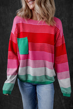 Load image into Gallery viewer, Rose Striped Knit Patch Pocket Drop Shoulder Sweater
