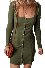 Cargar imagen en el visor de la galería, Guacamole Green Rib Knit Square Neck Buttoned Long Sleeve Mini Dress
