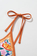Load image into Gallery viewer, Orange Fruit Plant Print Tied Straps V Neck One Piece Swimsuit
