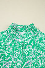Load image into Gallery viewer, Green Paisley Print Long Sleeve Button Front Tied Waist Mini Dress
