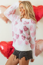 Cargar imagen en el visor de la galería, Pink Heart Leopard Print Pearled Ribbed Trim Fuzzy Sweater
