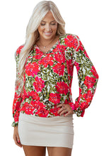 Cargar imagen en el visor de la galería, Red Floral Print Lace up V Neck Flounce Sleeve Blouse

