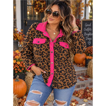 Load image into Gallery viewer, Leopard Print Button-Down Shirt Jacket with Hot Pink Trim - Women Tops
