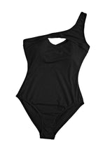 Load image into Gallery viewer, Black Ribbed One Shoulder Hollowed One Piece Swimsuit
