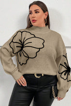 Cargar imagen en el visor de la galería, Dark Khaki Plus Size Big Flower Pattern High Neck Drop Shoulder Sweater
