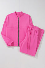 Cargar imagen en el visor de la galería, Bright Pink Solid Seamed Zipper Jacket and Drawstring Waist Pants Set
