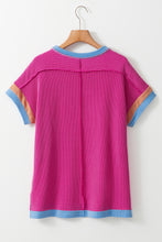 Load image into Gallery viewer, Bright Pink Textured Contrast Trim Round Neck T Shirt
