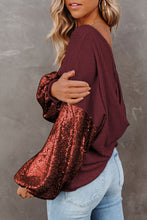 Load image into Gallery viewer, Burgundy Sequin Patchwork Sleeve Open Back Waffle Knit Top
