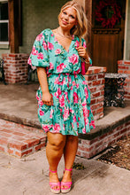 Load image into Gallery viewer, Green Floral Bubble Sleeve Surplice Ruffled Plus Size Dress
