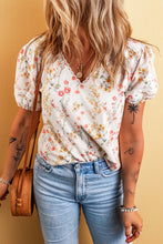 Cargar imagen en el visor de la galería, Beige Boho Floral Lace Trim Short Sleeve Blouse
