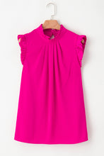 Load image into Gallery viewer, Bright Pink Pleated Mock Neck Frilled Trim Sleeveless Top
