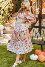 Cargar imagen en el visor de la galería, Khaki Floral Print Ruffled Tiered Long Sleeve V Neck Midi Dress
