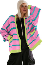 Load image into Gallery viewer, Pink Stripe Colorblock Drop Shoulder Buttoned Loose Cardigan
