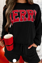 Load image into Gallery viewer, Black Corded MERRY Graphic Long Sleeve Top and Shorts Set
