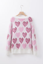 Cargar imagen en el visor de la galería, Pink Heart Leopard Print Pearled Ribbed Trim Fuzzy Sweater
