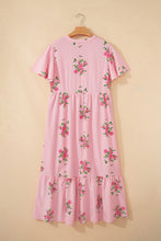 Cargar imagen en el visor de la galería, Pink Notched Neck Flutter Short Sleeve Floral Print Maxi Dress
