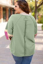 Load image into Gallery viewer, Smoke Green Flower Patchwork Raglan Sleeve Exposed Seam Oversized Top
