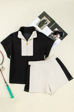 Load image into Gallery viewer, Black Contrast Zipped Stand Collared T Shirt and Short Set
