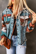 Cargar imagen en el visor de la galería, Multicolor Aztec Print Frayed Hem Denim Jacket
