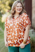 Cargar imagen en el visor de la galería, Orange Plus Size Floral Print Drawstring V Neck Short Sleeve Blouse
