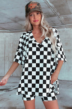 Cargar imagen en el visor de la galería, Black Checkerboard Print V Neck Loose Tee and Shorts Lounge Set
