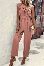 Load image into Gallery viewer, Dusty Pink One Shoulder Ruffle Trim Belted Jumpsuit
