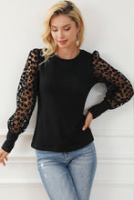 Load image into Gallery viewer, Black Leopard Mesh Puff Sleeve Patchwork Slim Fit Top
