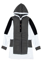 Load image into Gallery viewer, Black Color Block Exposed Seam Buttoned Neckline Hoodie
