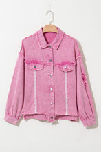 Load image into Gallery viewer, Pink Lace Patchwork Distressed Buttoned Denim Jacket
