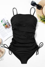 Load image into Gallery viewer, Black Ribbed Drawstring Sides Cutout One Piece Swimsuit
