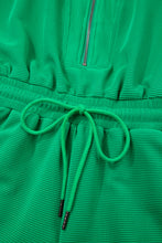 Load image into Gallery viewer, Bright Green Textured Short Sleeve Half Zip Drawstring Waist Romper

