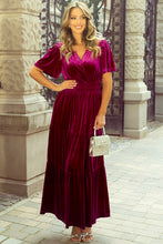 Cargar imagen en el visor de la galería, Red Dahlia Velvet Short Sleeve Shirred Waist Tiered Maxi Dress
